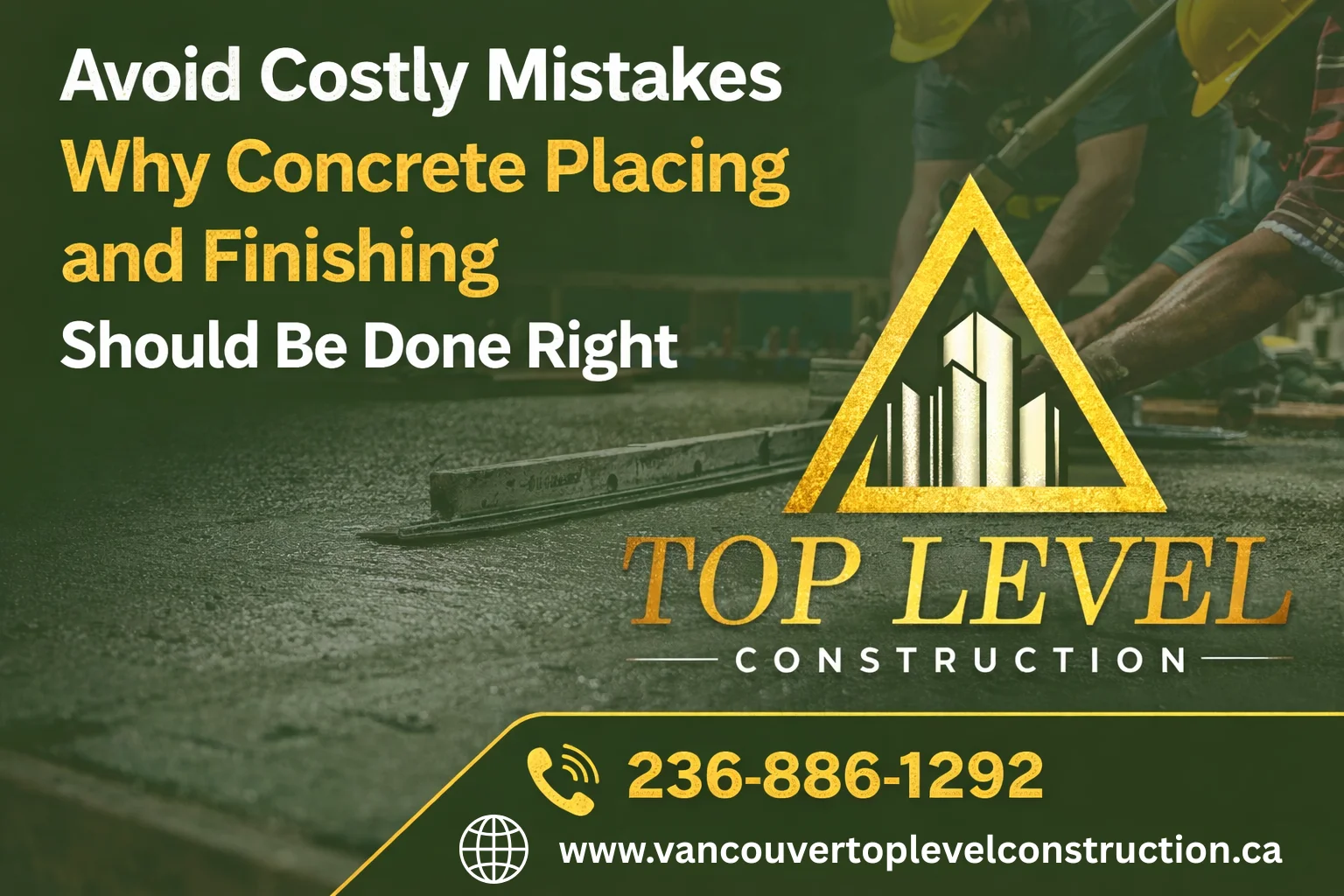 Concrete placing and finishing work in progress by Top Level Construction in Vancouver, showing professional concrete leveling to avoid costly construction mistakes.